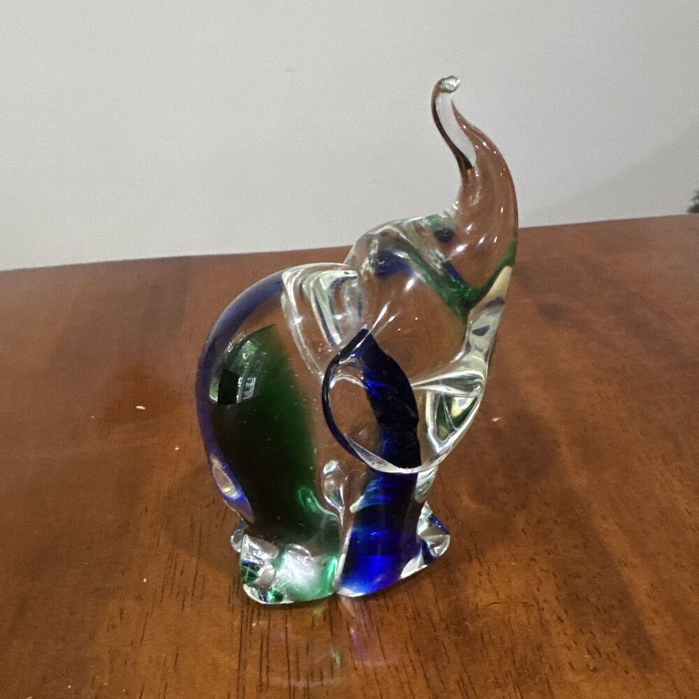 Murano Italian Art Glass Elephant Blue and Green 4.5" Very Colorful